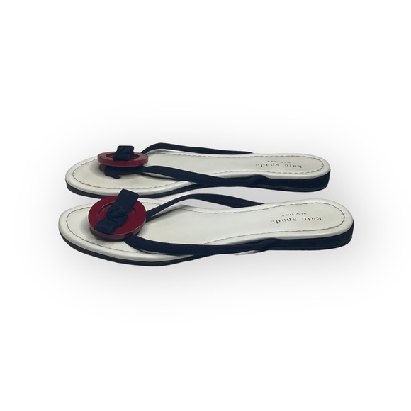 Kate Spade KSNY Thong Button + Bow Flat Leather Sandals Red White Blue 8M - Picture 6 of 16